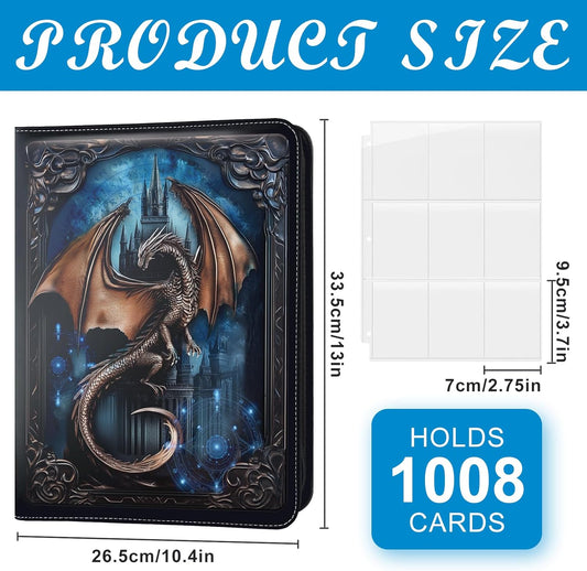 9 Pocket Trading Card Binder 1008 Cards Collection Albums with 56 Removable Sleeves Card Book Holder Premium Leather Collection Storage Binders Compatible with TCG MTG Sport Cards(Dragon)