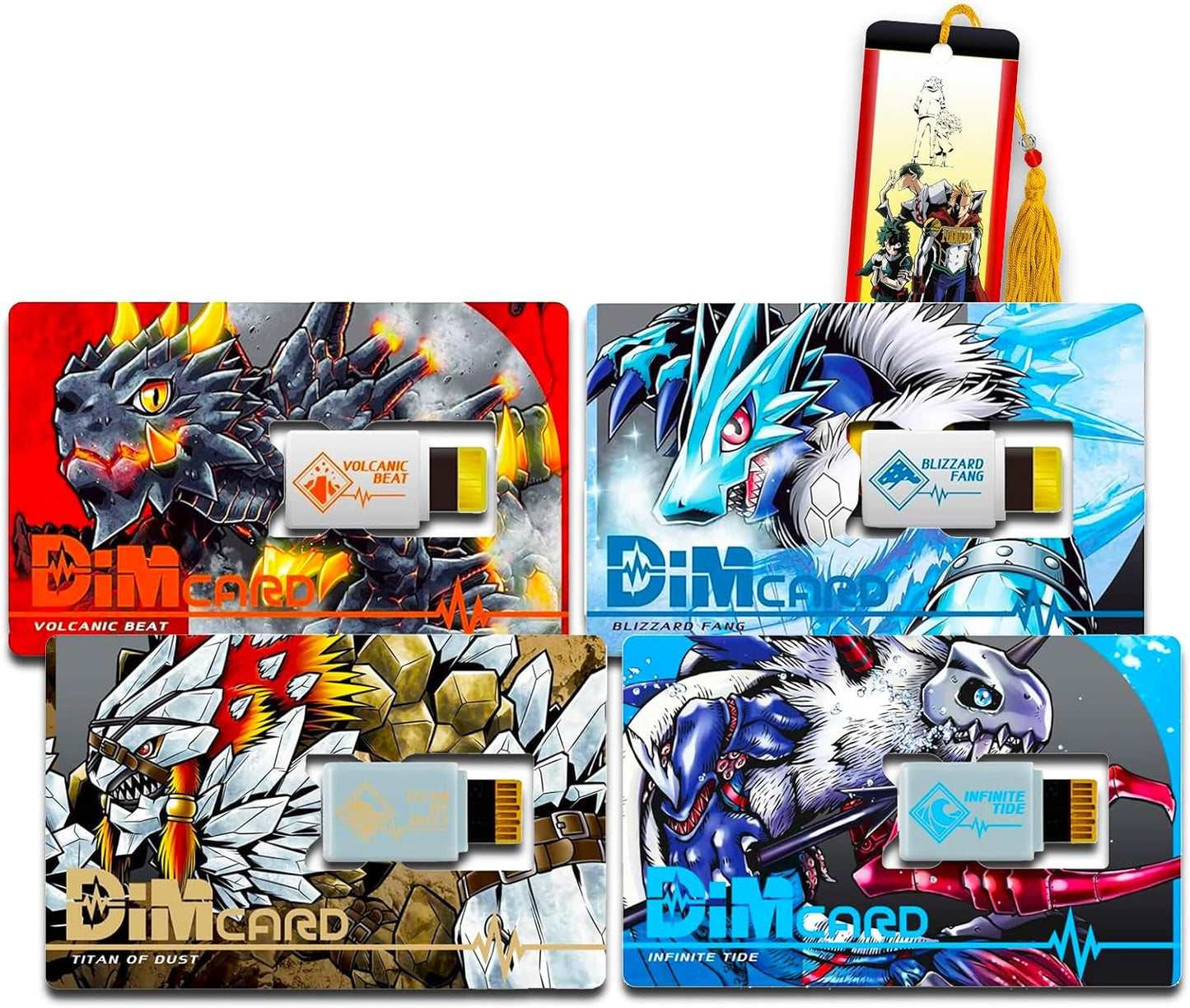 Digimon Dim Card Pack - Bundle with Vital Hero Cards Including Hermit in The Jungle, Nu Metal Empire, Volcanic Beat, and Blizzard Fang Plus Bookmark | Digimon Dim Cards